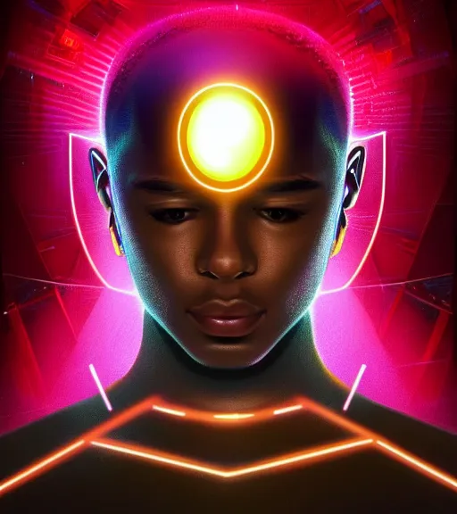 Image similar to symmetry!! egyptian prince of technology, solid cube of light, hard edges, product render retro - futuristic poster scifi, lasers and neon circuits, brown skin man egyptian prince, intricate, elegant, highly detailed, digital painting, artstation, concept art, smooth, sharp focus, illustration, dreamlike, art by artgerm