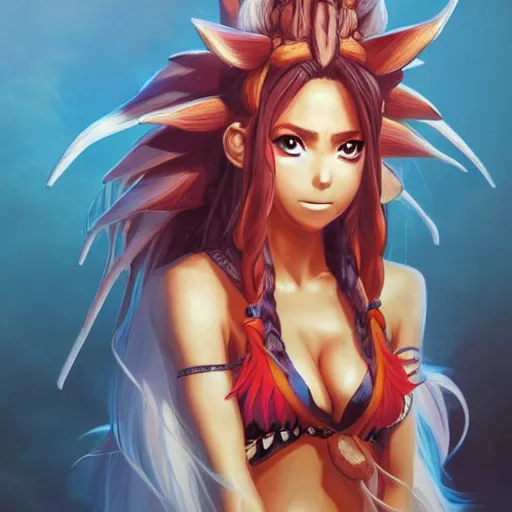 Image similar to anime portrait of Shakira as a shaman yedi using dark force to eliminate trump as an anime antagonist by Stanley Artgerm Lau, WLOP, Rossdraws, James Jean, Andrei Riabovitchev, Marc Simonetti, and Sakimichan, trending on artstation