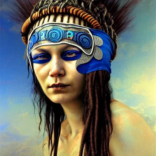 Image similar to A young blindfolded shaman woman with a decorated headband, in the style of heilung, blue hair dreadlocks and wood on her head., made by karol bak