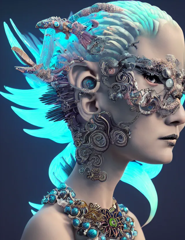 Image similar to 3 d goddess close - up profile portrait punk with mohawk with ram skull. beautiful intricately detailed japanese crow kitsune mask and clasical japanese kimono. betta fish, jellyfish phoenix, bio luminescent, plasma, ice, water, wind, creature, artwork by tooth wu and wlop and beeple and greg rutkowski