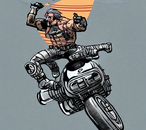 Image similar to solid snake crashing through a wall riding a motorcycle, in the style of jack kirby