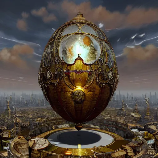 Image similar to enormous flying city in a faberge egg, cloudy sky background, steampunk, fantasy art, masterpiece, unreal engine