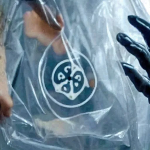 Prompt: screenshot from James Cameron film shows a hand holding a clear plastic bag marked with the biohazard symbol and containing a rabid vampire bat