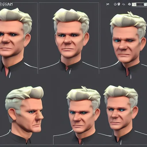 Image similar to 3 d model character sheet, multiple angles, gordon ramsay character design, fighting game, stylized 3 d graphics, ray tracing, ultra, 4 k image h - 7 4 0