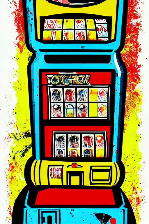 Prompt: slot machine machine, 4 k, acrylic paint style, pencil style, torn magazine style, pop art style, bioshock style, by mike swiderek, jorge lacera, ben lo, tyler west, ultrarealistic, sharp focus, intricate