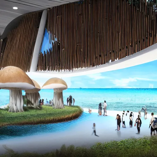 Image similar to architectural renderings, a seaside visitor center consisting of three mushroom - shaped buildings on the blue sea with tall coconut trees ， detailed