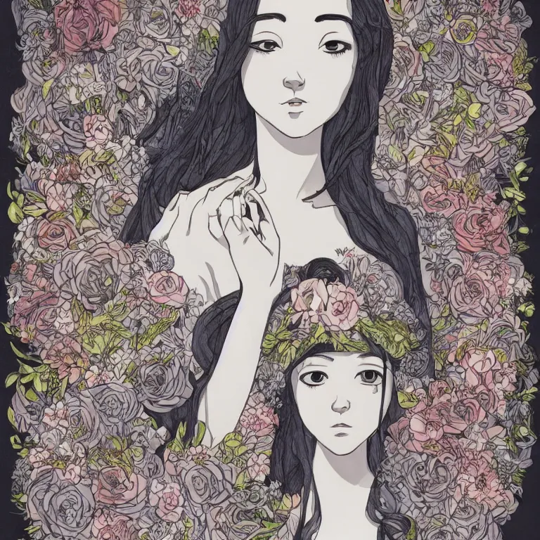 Prompt: young goddess, beautiful symmetrical face detailed face, realistic proportions, wearing a dark grey dress, peering from behind an enormous conical pile of skulls with flowers in the background, lush painting in the style of studio ghibli
