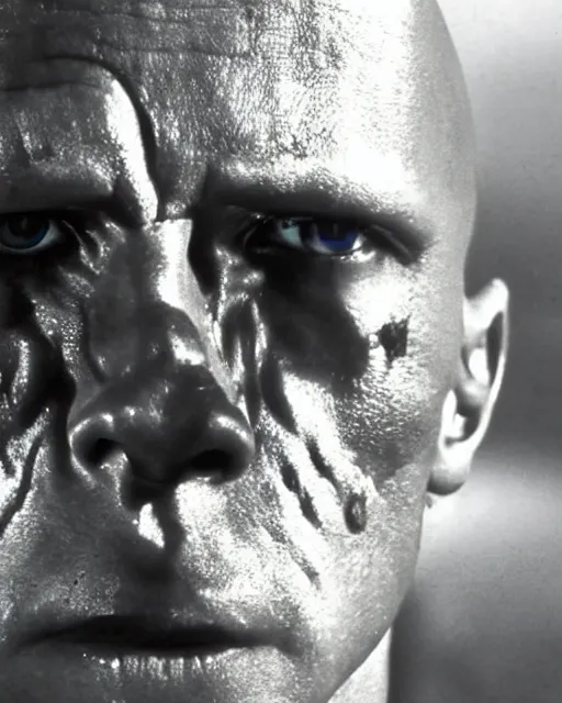 Image similar to Film still close-up shot of Dwayne Johnson as the T-1000 from the movie Terminator 2. Photographic, photography