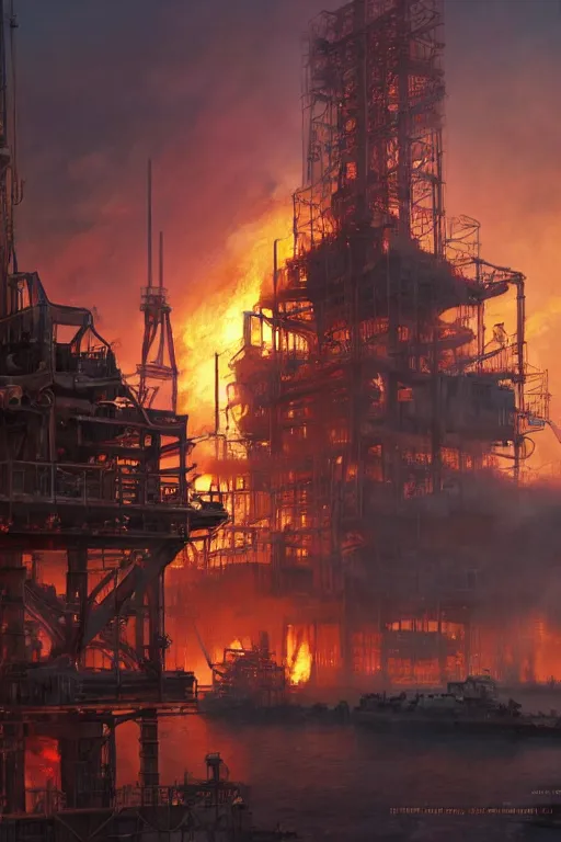 Image similar to a highly detailed matte painting of a soviet steampunk oil rig on fire at night by studio ghibli, makoto shinkai, by artgerm, by wlop, by greg rutkowski, volumetric lighting, octane render, 4 k resolution, trending on artstation, masterpiece