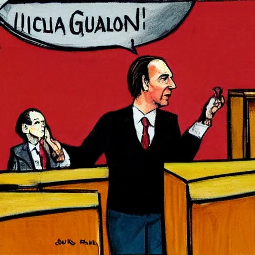 Image similar to saul goodman defending michael scorn in acourt, courtroom painting