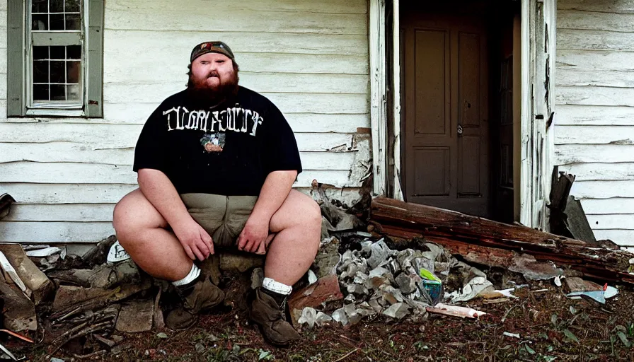 Image similar to close up portrait of fat redneck man sitting on front porch of dilapidated house, award winning, kodak gold 2 0 0,