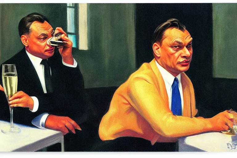 Prompt: viktor orban drinking champagne, highly detailed face by edward hopper