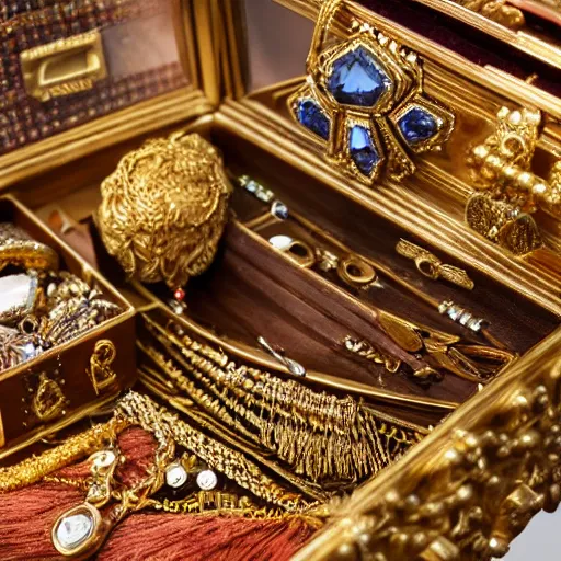 Image similar to A Ayleid chest filled with jewels and golden artefacts, 4k, hdri, museum quality photo