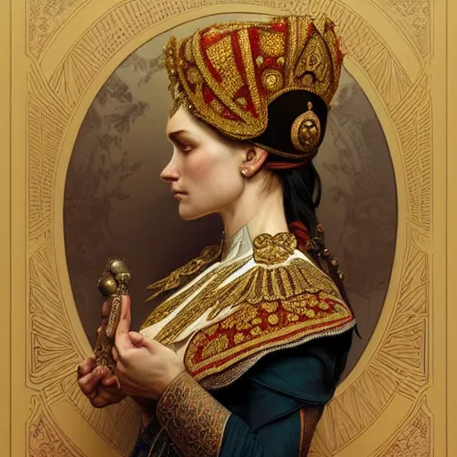 Image similar to a portrait of a putin, upper half portrait, decorated with russian motifs, traditional russia, intricate, elegant, highly detailed, symmetry, headpiece, digital painting, artstation concept art smooth sharp focus, illustration, art by artgerm and greg rutkowski alphonse mucha 8 k