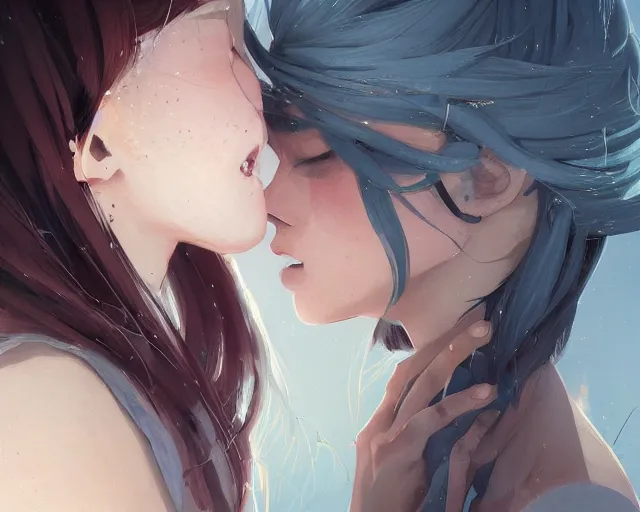 Image similar to girl kissing another girls neck, sharp details, sharp focus, elegant, highly detailed, illustration, by jordan grimmer and greg rutkowski and pine ( ハイネ ) and 薯 子 imoko and 香 川 悠 作 and wlop and maya takamura, intricate, beautiful, trending artstation, pixiv, digital art