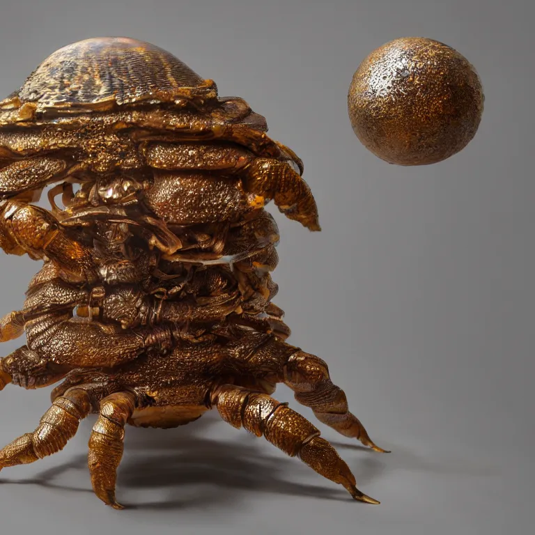 Prompt: hyperrealistic sculpture of a bronze fossilized hermit crab in a cage made of blown glass on a pedestal by ron mueck and duane hanson and damien hirst, hyperrealistic dramatic colored lighting trending on artstation 8 k