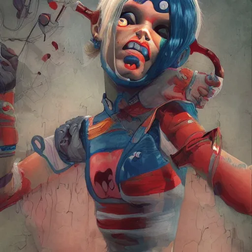 Image similar to Harley Quinn but she's a young ape kid girl, illustration, comic, by James Jean, by John Coltrane and Marc Simonetti, high detail of the face, full body