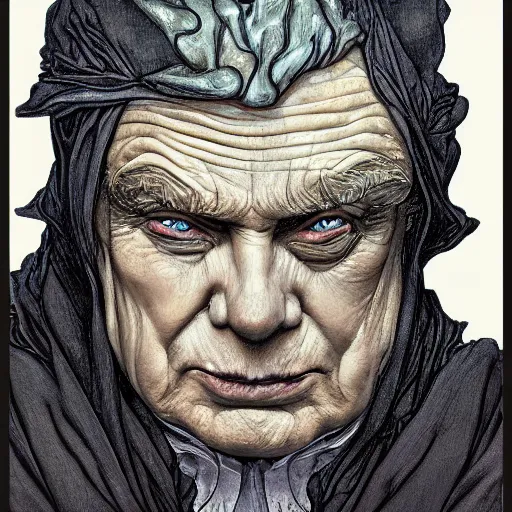 Image similar to a disturbing picture of donald trump as emperor palpatine, intricate, elegant, highly detailed, digital painting, artstation, concept art, matte, sharp focus, illustration, art by rebecca guay and by arthur rackham and by alphonse mucha and by john william waterhouse