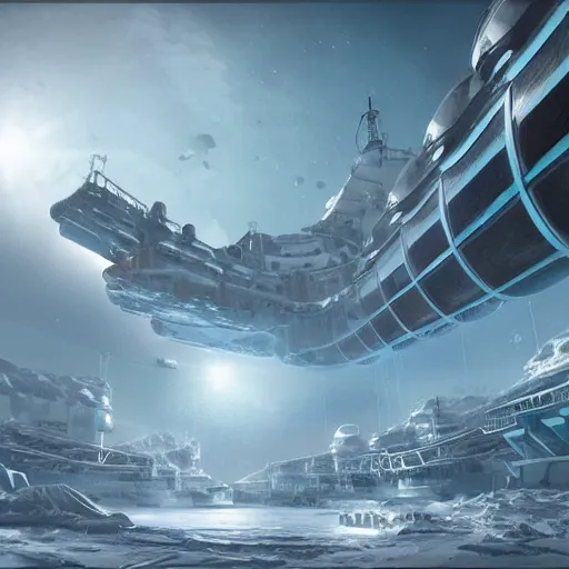 Prompt: industrial futuristic ice mine, with spaceships in the sky, cinematic, epic, 4 k, concept art by feng zhu