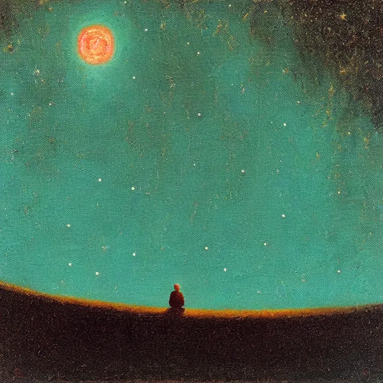 Prompt: a small figure staring at the stars, warn lighting, glowing, arkhip kuindzhi painting, teal palette, eschaton