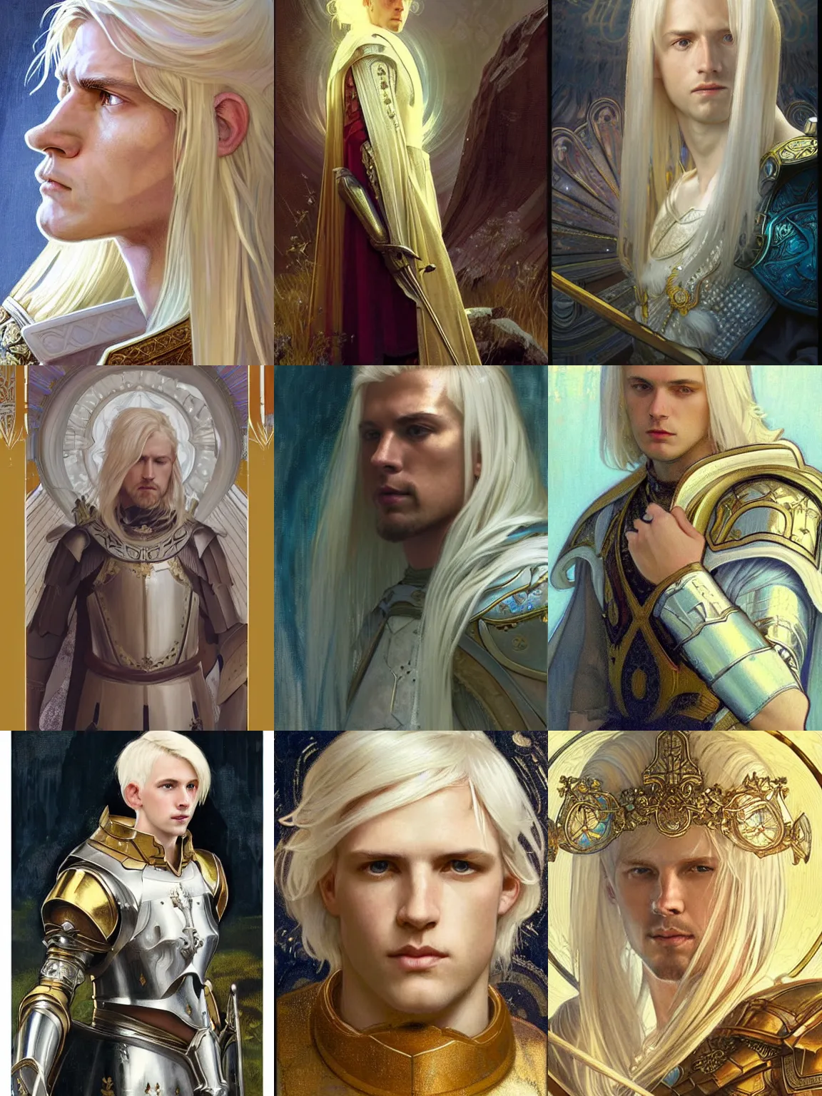 Prompt: portrait of a calm and pious male aasimar paladin above head with medium length platinum blonde hair wearing white and gold armor, pensive and hopeful expression, highly detailed, cinematic lighting, illustration, painterly, art by Krenz Cushart and Artem Demura and alphonse mucha, intricate, masterpiece, fantasy, halo of light, d&d