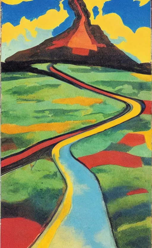 Image similar to paperback book cover. 1 9 6 0 s. pure colors, melting clouds, accurately drawn details, a sunburst above a receding road with the light reflected in furrows and ruts, after rain. and no girls.