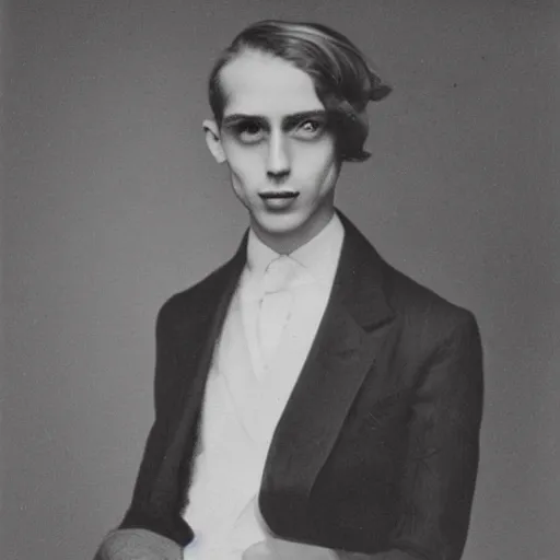 Image similar to 1930s portrait of a young anorexic man with shoulder length hair and extravagant clothes