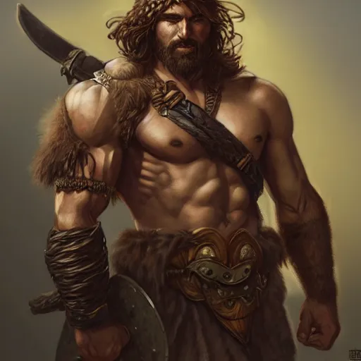 Image similar to portrait of a young rugged male barbarian, handsome, upper body, D&D, muscular, fantasy, intricate, elegant, highly detailed, digital painting, artstation, concept art, smooth, sharp focus, illustration, art by artgerm and greg rutkowski and alphonse mucha