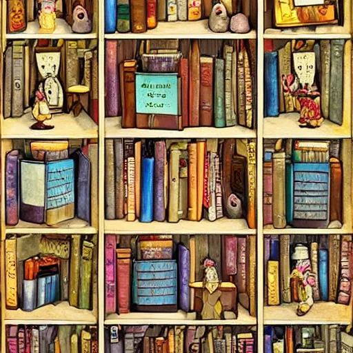 Prompt: enchanted bookshelves, in the style of colin thompson, highly detailed, playful fantasy.