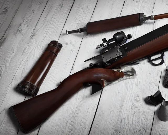 Prompt: Product photo of muzzleloaded flintlock AK47 laying on a white table from the site grabAgun , white background. professional product photography, gunsmithing, top down photo, 4k. high quality