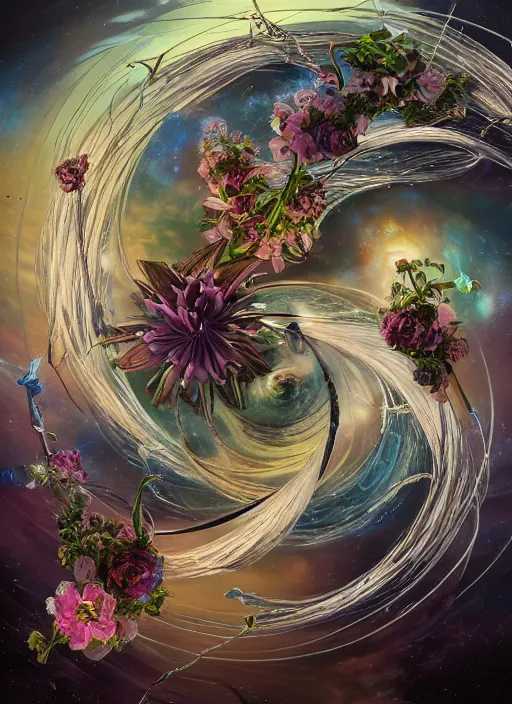 Prompt: An epic fantastic realism comic book style painting of the most beautiful spiraling entwined flowers launched exquisitely across the dark spinning universe, floating bouquets, fisheye, perfect shiny iridescent silver spheres, unreal 5, DAZ, hyperrealistic, octane render, dynamic lighting