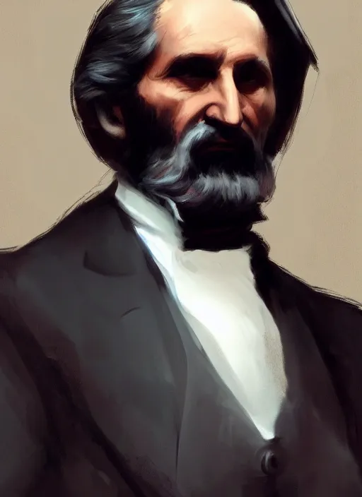 Prompt: Giuseppe Verdi wearing a dark purple suit, elegant, digital painting, concept art, smooth, sharp focus, illustration, from StarCraft by Ruan Jia and Mandy Jurgens and Artgerm and William-Adolphe Bouguerea