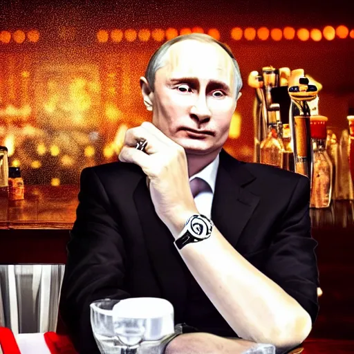 Image similar to a selfie of person looking like vladimir putin sitting on bar, hand on table, rolex watches, taken in night club, blur background, style like real photo