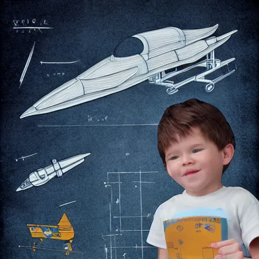 Image similar to little intelligent child makes blueprint of ultramodern spaceship, boy, digital art, very realistic, 4k, by Dean MacAdam