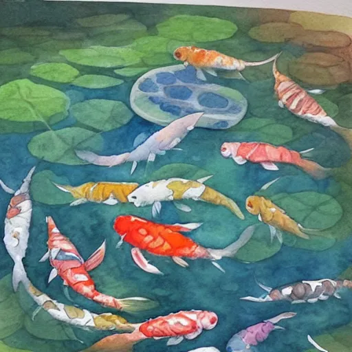 Image similar to watercolor art on paper, beautiful koi fish pond, highly detailed, artstation, masterpiece, award - winning