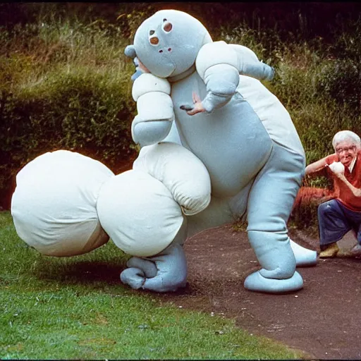 Image similar to a 3 5 mm photography, kodachrome colour, of grandpa fighting with white michelin man costume, riding a hippo, strange creatures and alien plants around, photos taken by martin parr - h 9 6 0 - w 1 0 8 8