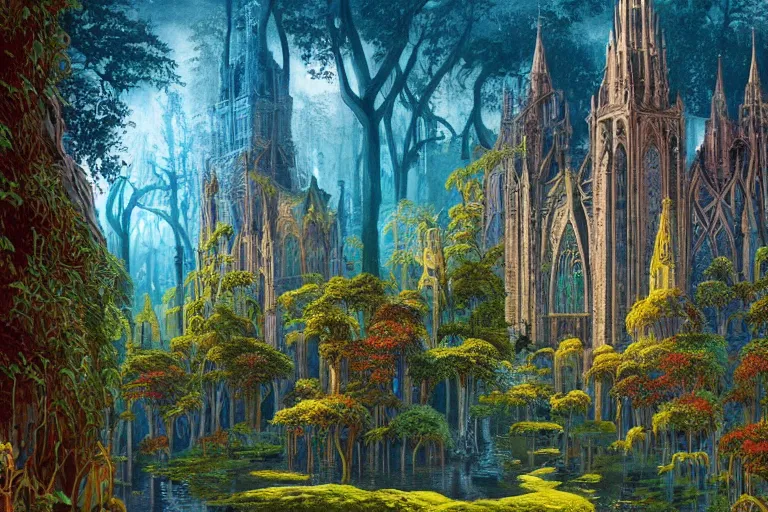 Image similar to a beautiful and highly detailed fantasy landscape painting of a cathedral in a beautiful garden in a mystical forest, psychedelic, intricate details, epic scale, insanely complex, 8 k, sharp focus, hyperrealism, artstation, cgsociety, by eyvind earle,