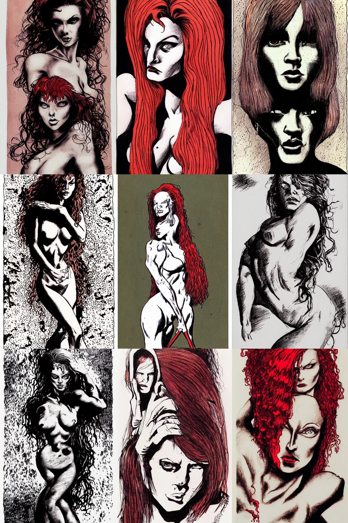Prompt: Woman with red hair, ink drawing by Richard Corben