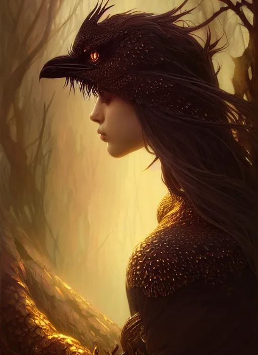 Image similar to side portrait dark crow, fantasy forest landscape, dragon scales, fantasy magic, dark golden light night, intricate, elegant, sharp focus, illustration, highly detailed, digital painting, concept art, matte, art by WLOP and Artgerm and Greg Rutkowski and Alphonse Mucha, masterpiece