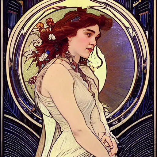 Image similar to florence pugh portrait by louis - theophile hingre and alphonse mucha, realistic, sharp focus, zodiac signs, tarot cards, planets, ethereal, art nouveau, magic, moon, sun, crown, dreamy, royal, jewellery