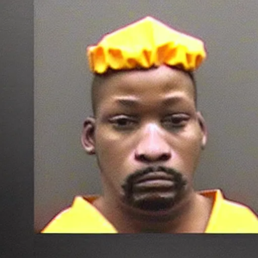 Image similar to chicken dressed with inmate clothes, mugshot in a police station