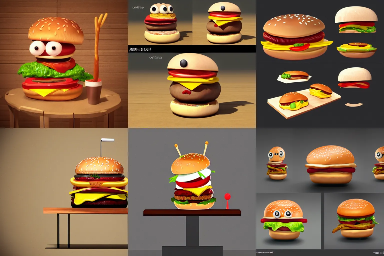 Prompt: a hamburger character with googly eyes and french fry arms legs sitting on wooden table, concept art painting character design, featured on artstation unreal engine 5, realistic textures, 3 point lighting