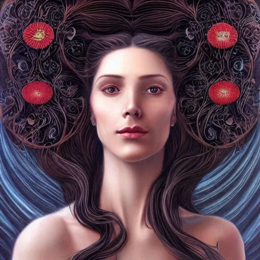 Image similar to facial portrait of a young pretty woman in flowing dress, arrogant, mysterious, long fine flowing hair, delicate, looking at camera, slightly awkward smile, realistic face, hands behind back, stylish, elegant, grimdark fantasy, flowers, extremely detailed painting inspired by Gerald Brom and Ernst Haeckel and Kaluta