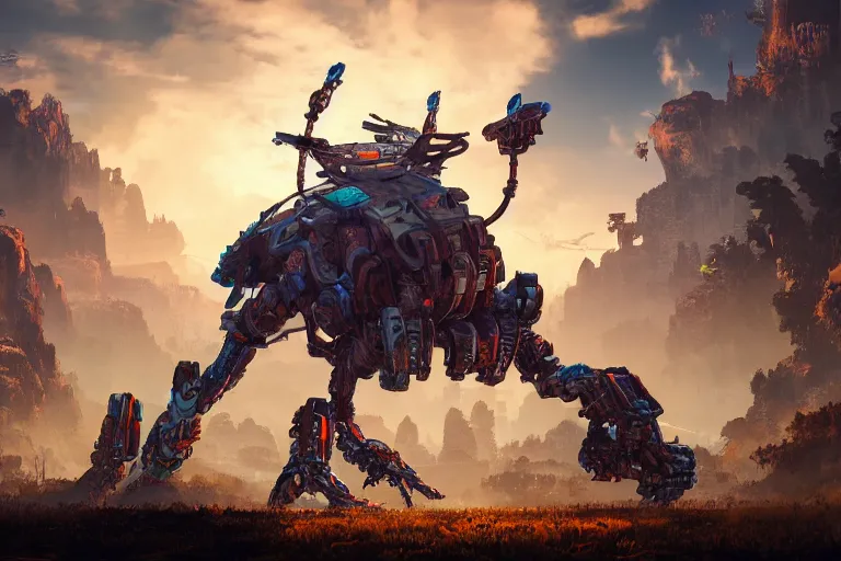 Prompt: thunderjaw machine mecanical creature robot of horizon forbidden west horizon zero dawn radiating a glowing aura global illumination ray tracing hdr fanart arstation by ian pesty and alena aenami artworks in 4 k