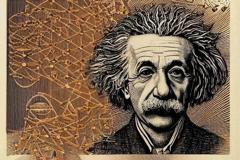 Prompt: an engraved portrait of albert einstein surrounded by intricate equations of theory of relativity, detailed!!! copper - plate engraving in the style of a postage stamp, freemason symbol, fine!!! lines, engraved by m. c. escher