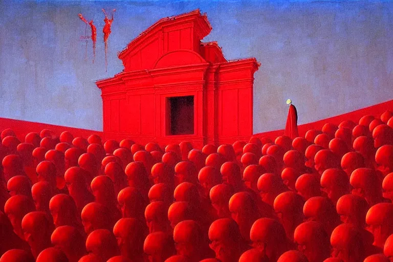 Image similar to only with red, a red melted emperor in an authoritarian position, taormina amphitheatre, crowd hails him, in the style of beksinski, parts by edward hopper, parts by rodcenko, parts by yue minjun, intricate and epic composition, red by caravaggio, insane quality, highly detailed, masterpiece, red light, artstation