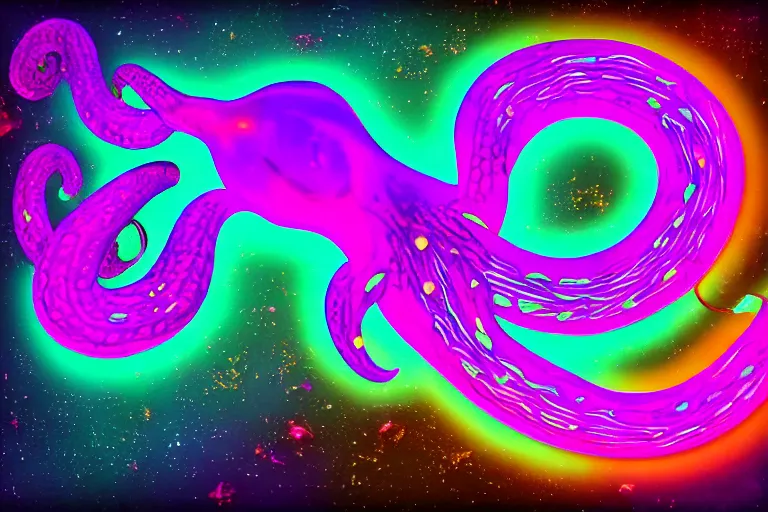 Image similar to digital art of a neon purple octopus floating in space by flooko, neon outline, sharp lines, blurry background (arcylic), ((synthwave)),