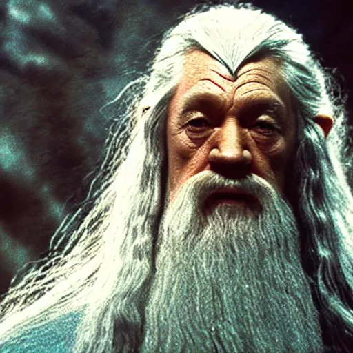 Image similar to a still from “ lord of the rings ” of a head and shoulders portrait of gandalf played by evil betty, photo by phil noto