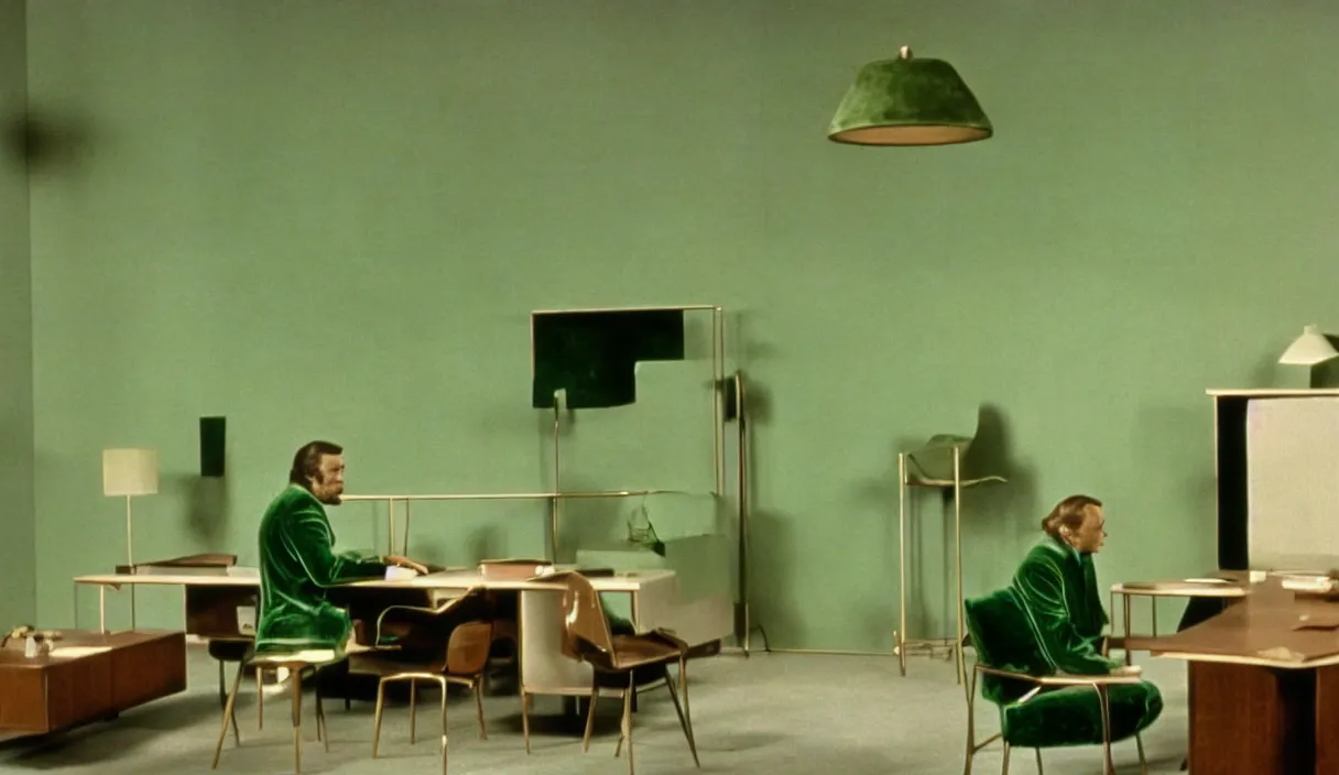 Image similar to a still of severance series indoor 7 0 s green velvet and wood with metal furniture office scenario appearing in a film of jacques tati, in movie playtime ( 1 9 6 7 ) color