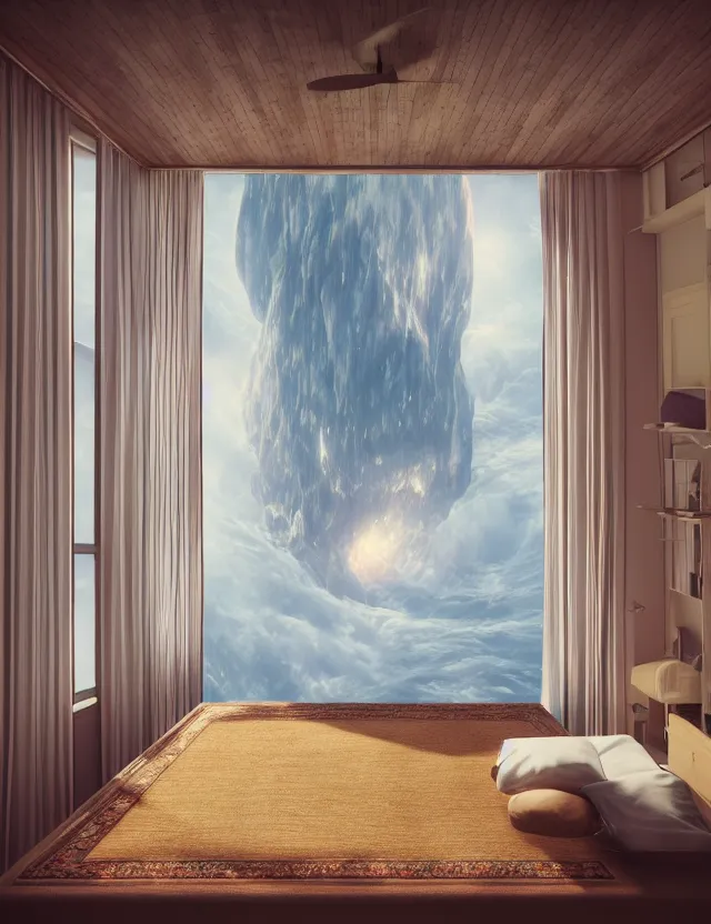 Prompt: an ultra wide angle photo of a bed hovering above the floor in the middle of a giant bedroom with windows opening to other worlds by casey weldon and lee madgewick, photorealistic, octane render, recursive!!!!, flowing, cascading, multiverse!!!!, labyrinthine